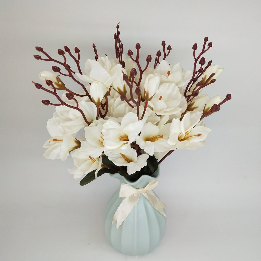 Elegant Magnolia & Freesia Artificial Flower Stem – 45 cm Wedding & Home Décor