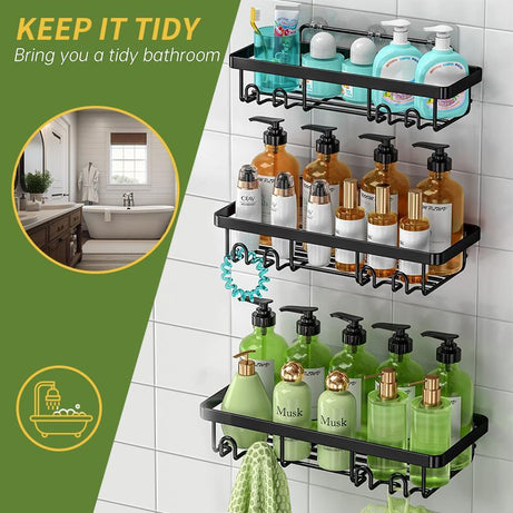 3-in-1 Wall-Mounted Bathroom Shelf – Black Shower Storage with Toothbrush & Soap Holders